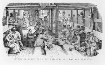 Image: [Star Lithographic Works] :Dinner on board the first emigrant ship for New Zealand [Auckland, Star Lithographic Works, 1890]
