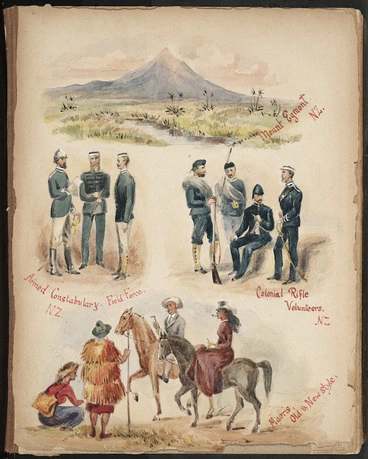 Image: [Hobson, Henry], fl 1881 :Mount Egmont, N.Z.; Armed Constabulary Field Force, N.Z.; Colonial Rifle Volunteers N.Z.; Maoris old & new style [1881-1882]