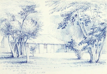 Image: [Kinder, John] 1819-1903 :The old Mission House (the Revd T. Chapman's) at the Ngae, Roturua, N[ew] Z[ealan]d. Jan[uar]y. 1858. 1858.