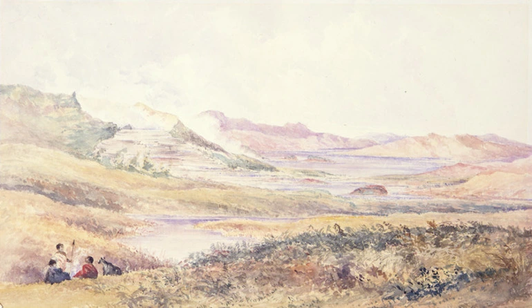 Image: [Johnston, John Tremenhere fl 1860s :Hot lake. Mount Roto Mahana with Pink & White Terraces with view of the lake [1865]