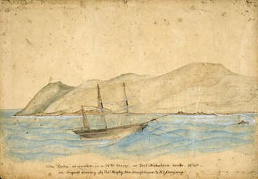 Image: [Heaphy, Charles] 1820-1881 :The "Cuba" at anchor, in a N.W. breeze, at Port Nicholson heads, 1840, an original drawing by Chas Heaphy, then draughtsman to N.Z.Company [July 1840]