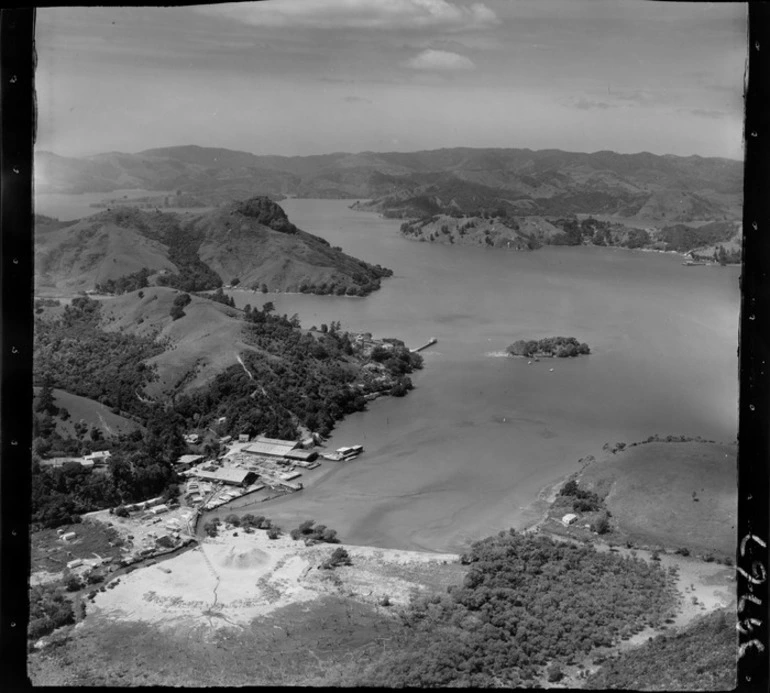 Image: Torara North Mill, Whangaroa, Northland, includes view of mill and industrial areas, Moto Wai Island and wharfs