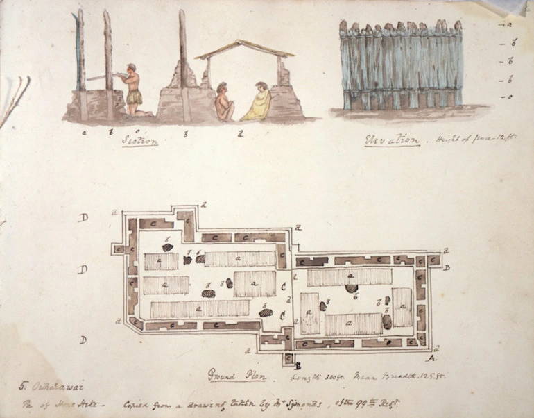 Image: Hutton, Thomas Biddulph 1824-1886 :Owharawai. Pa of Hone Heke, copied from a drawing taken by Mr Symonds of the 99th Regt [1845]