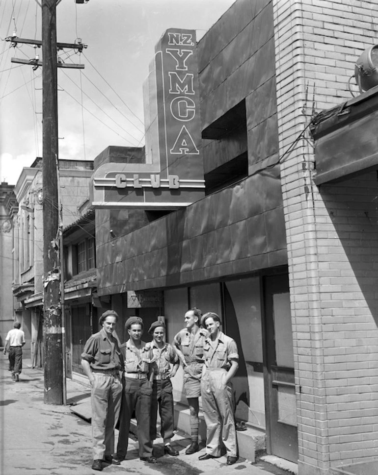 Image: New Zealand J Force soldiers outside the YMCA in Yamaguchi, Japan