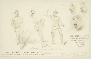 Image: [Strutt, William] 1825-1915 :Driving spear in ground with great fury. The tongue put out and extended to its utmost capacity in the war dance. These positions of the war dance were given me by a Taranaki Maori and sketched right off. Taranaki - N. Z. Ad vivum. N. Plymouth. [1855 or 1856]