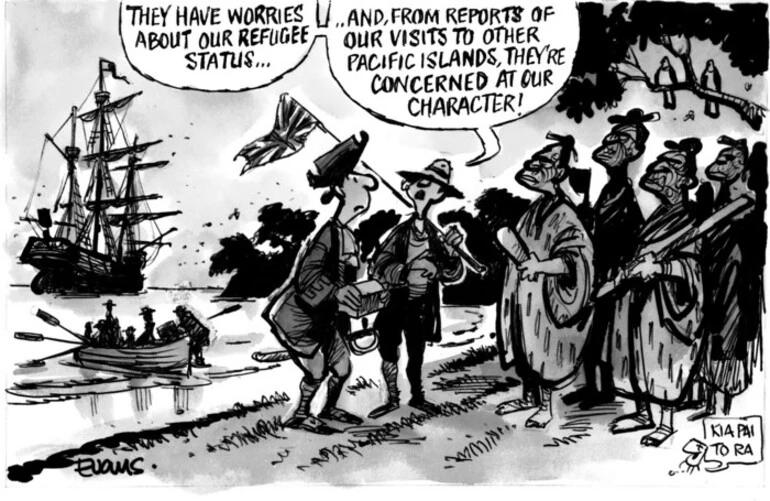 Image: Evans, Malcolm Paul, 1945- :"They have worries about our refugee status... and, from reports from our visits to other Pacific islands, they're concerned at our character!" 21 May 2012