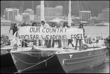 Image: CANWAR protesters on a yacht in Wellington Harbour, protesting against the entrance of American nuclear warships into Wellington