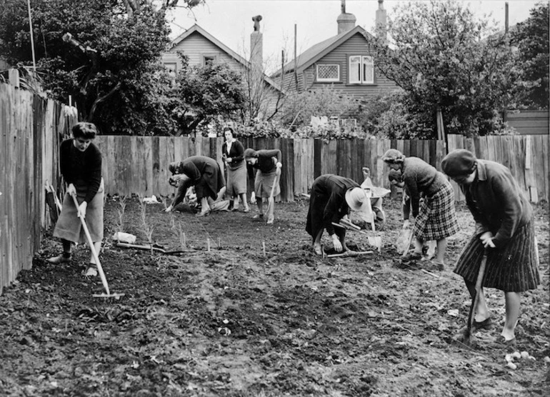 Image: Women planting a garden in Wellington, during World War II