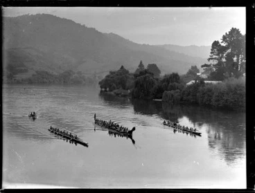 Image: Waka (canoes) on Waikato River at Ngaruawahia