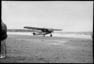 Image: Fokker F VII aeroplane 'Southern Cross' VH-USU, on beach at Takapuna, Auckland