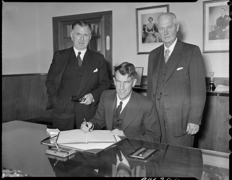 Image: Sir Edmund Hillary with Prime Minister Sidney Holland and Chairman of the Ross Sea Committee Charles Bowden - Photograph taken by E Woollett