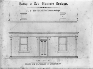 Image: Findlay & Co. :Findlay and Co's illustrated catalogue. No. 2. Elevation of five roomed cottage. Scale 1/4 inch to a foot. Prices for material on application. [1874]