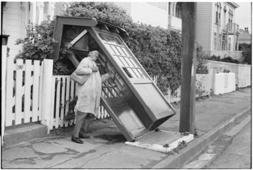 Image: Telephone booth blown over by strong winds, Wellington
