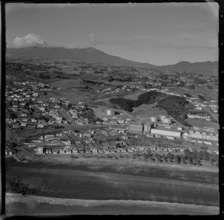 Image: View of New Plymouth foreshore with residential and commercial buildings to Mount Taranaki beyond