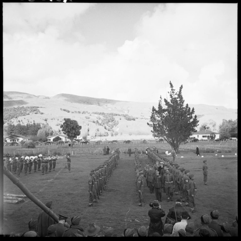 Image: The Governor General inspecting the Guard of Honour during the hui for the posthumous awarding of the Victoria Cross to Te Moananui-a-Kiwa Ngarimu, at Ruatoria