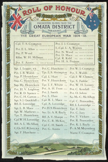 Image: Roll of Honour presented to men from the Omata District Taranaki. The Great War 1914-18 [ca 1920?].