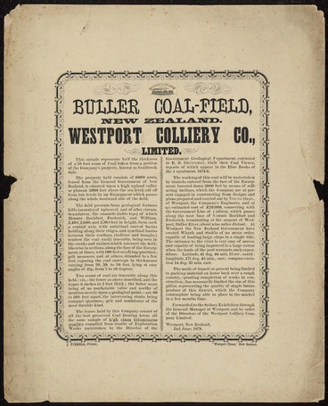 Image: Buller Coal-field, New Zealand Westport Colliery Co., Ltd. [Poster] / J Tyrrell, Printer; "Westport Times", New Zealand. 2nd June 1879.