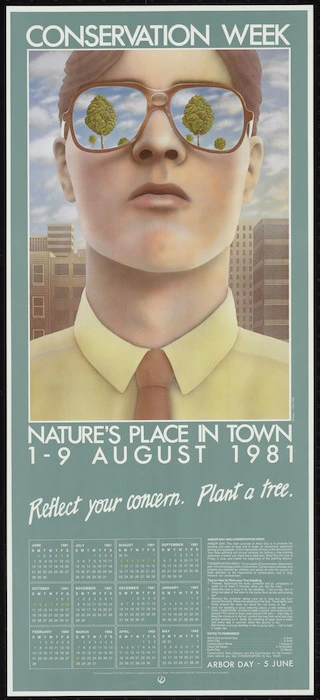 Image: Hall, Ken, fl 1980s :Conservation Week; Nature's place in town, 1-9 August 1981 / Produced by Conservation New Zealand, co-ordinators of Conservation Week, with assistance from the Commission for the Environment.