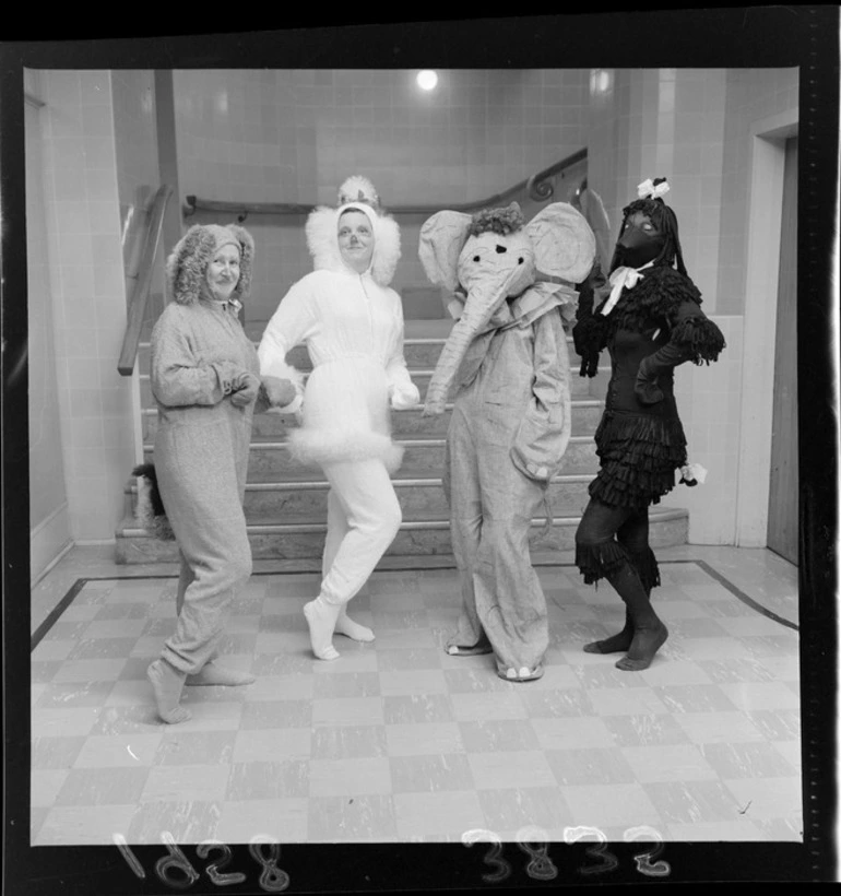 Image: Performers dressed as animals (black and white poodles, rabbit, elephant) at the Free Kindergarten United Mothers' Club concert