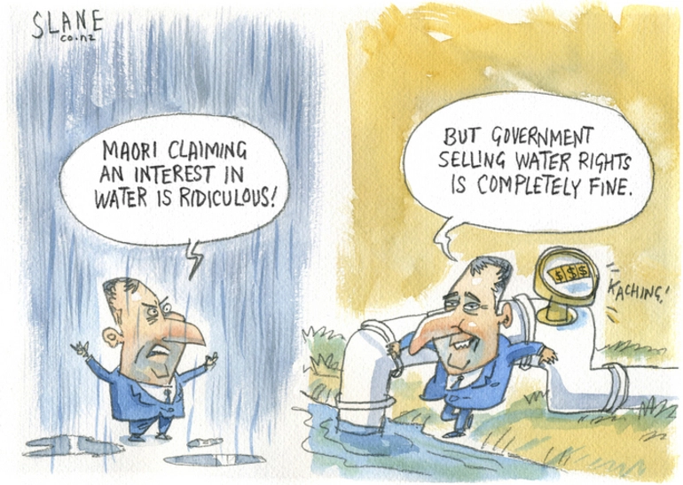 Image: Slane, Christopher, 1957- :'Maori claiming an interest in water is ridiculous! But government selling water rights is completely fine.' 20 July 2012