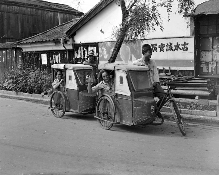 Image: New Zealanders of J Force in a bicycle taxi, Yamaguchi, Japan