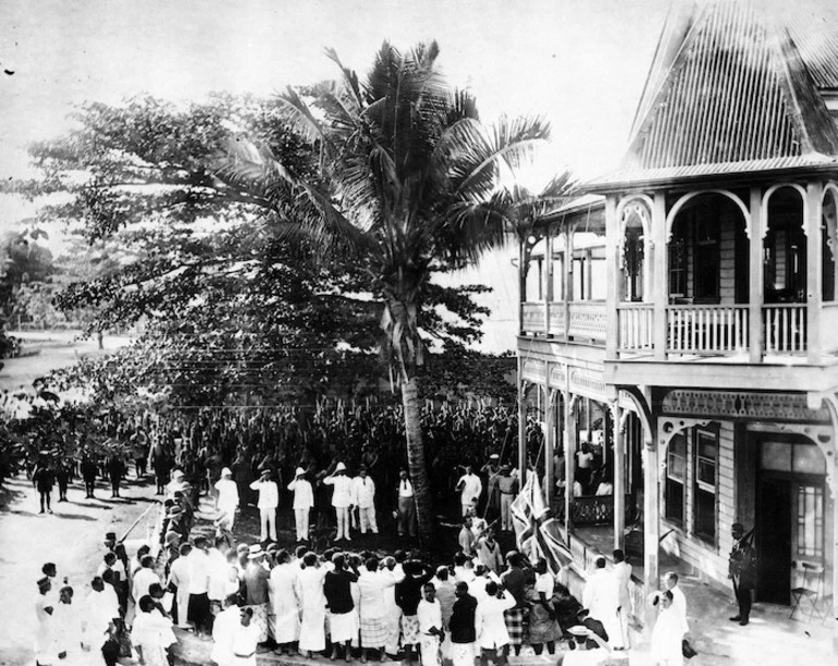 Image: Raising of the Union Jack outside the courthouse in Apia, Samoa