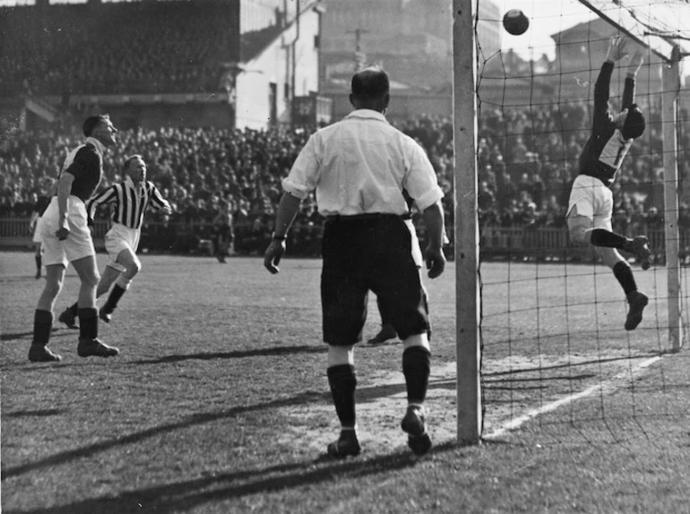 Image: Soccer game between Waterside and Mosgiel, Basin Reserve, Wellington - Photograph taken by Charles P S Boyer