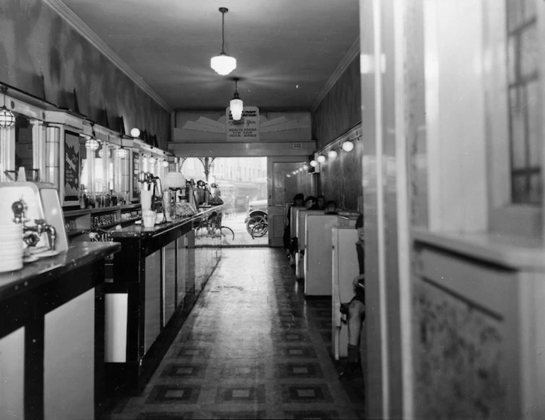 Image: Interior view of the Tip Top milk bar on the corner of Manners and Cuba Streets, Wellington