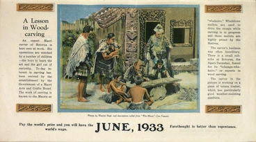 Image: [New Zealand Tourist Department?] :A lesson in wood-carving. June, 1933.