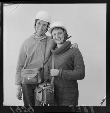 Image: Joy Alford (Wales) and Betty Crozier (Ireland), both wearing helmets and shoulder bags, probably in Wellington
