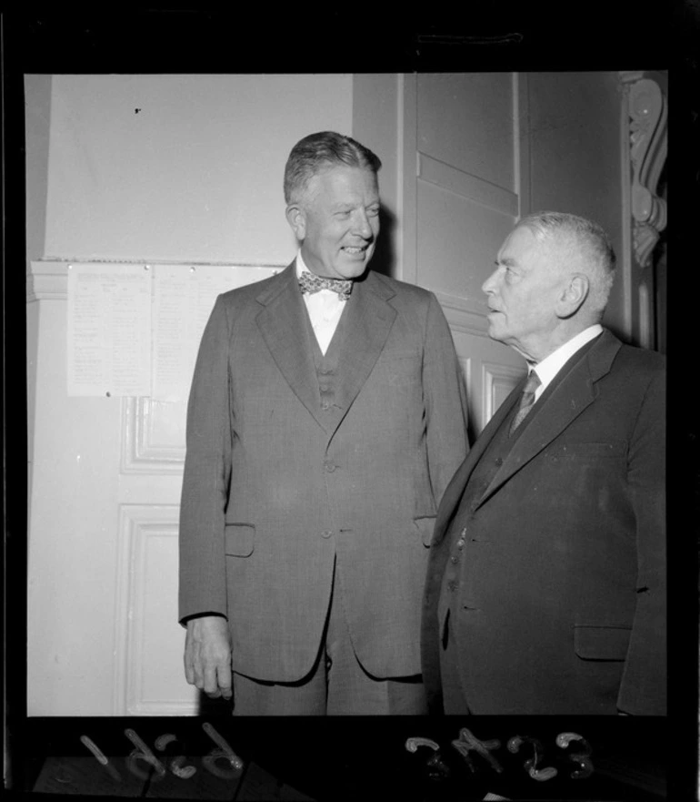 Image: Portrait of US Defence Secretary Mr Neil McElroy and NZ Prime Minister Walter Nash inside [Parliament?], Wellington City