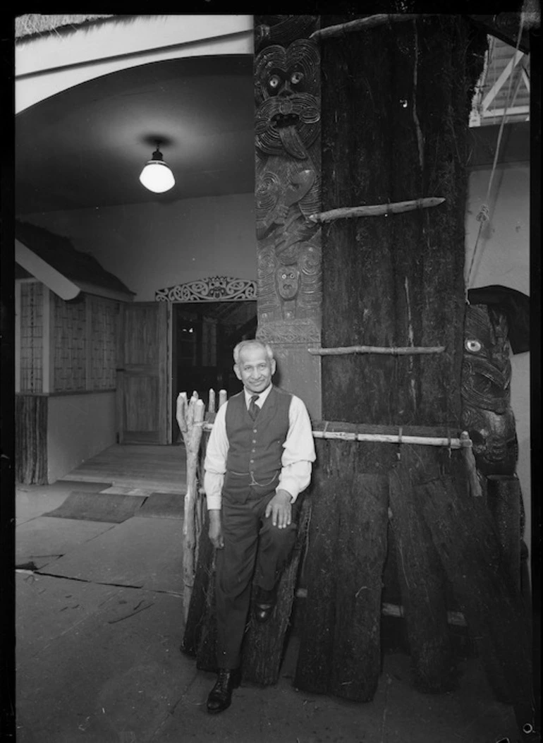 Image: Apirana Turupa Ngata in the Maori Court at the New Zealand Centennial Exhibition, Rongotai, Wellington