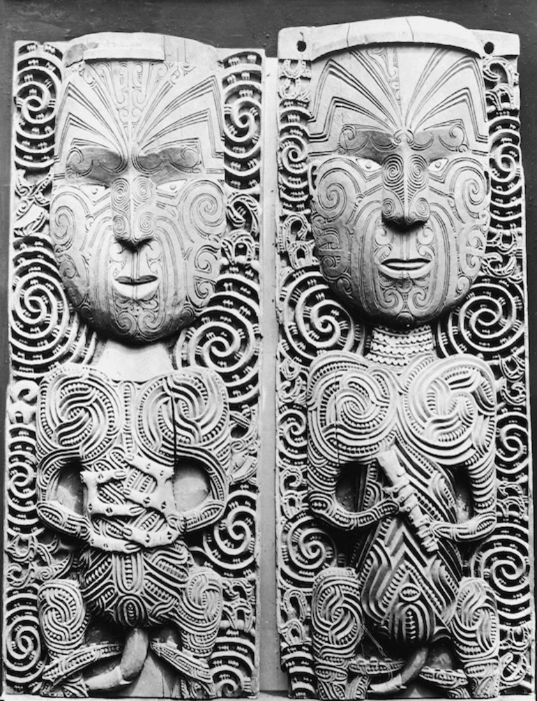 Image: Wooden Maori carvings which originally formed the ridgepole of Rangitihi meeting house in Taheke, Lake Rotoiti