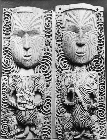 Image: Wooden Maori carvings which originally formed the ridgepole of Rangitihi meeting house in Taheke, Lake Rotoiti