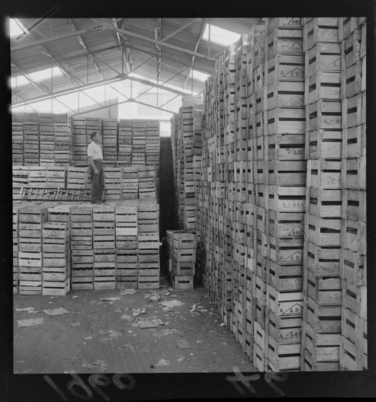 Image: Associated Bottlers Co Ltd warehouse, an unidentified workman with crates of beer ready for shipment and stacks of empty crates ready for reuse, Wellington Region