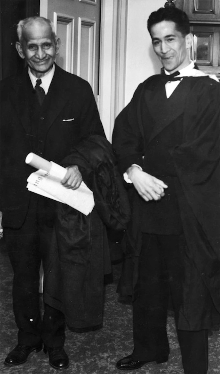 Image: Sir Apirana Ngata, and his son Henare Kohere Ngata, at their Victoria University graduation ceremony