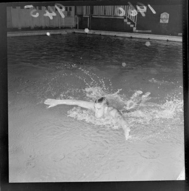 Image: Swimmer Peter Hatch demonstrates 'butterfly stroke' swimming