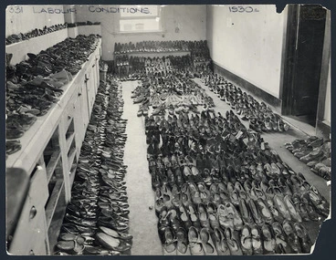Image: A room full of shoes to be given to wives of unemployed men during the Depression