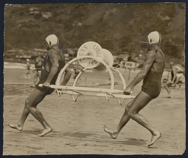 Image: Members of Lyall Bay Surf Life Saving Club competing in New Zealand Championships, Lyall Bay, Wellington