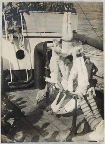 Image: Gymnastic display by soldiers on board `Tainui.'