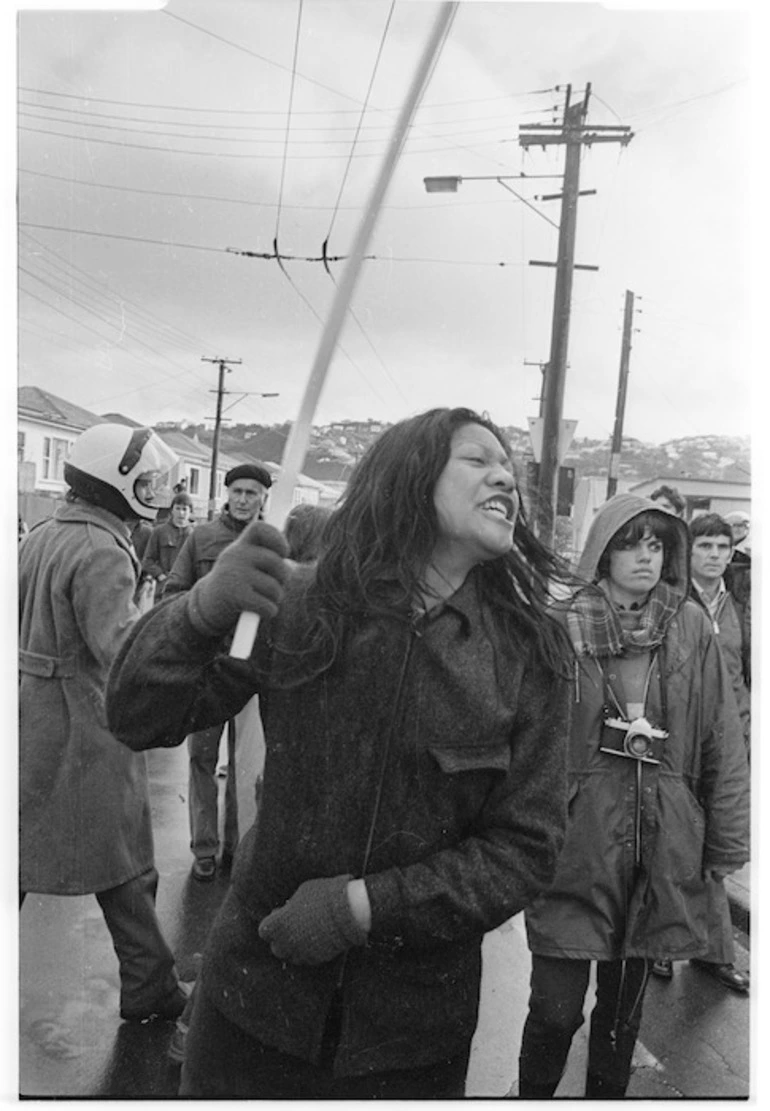 Image: Woman reacting to police violence, Wellington, New Zealand - Photograph taken by Peter Avery