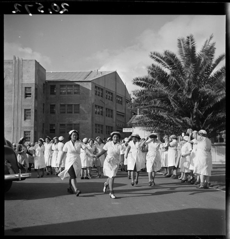 Image: Female freezing works employees outside the works in Otahuhu, Auckland