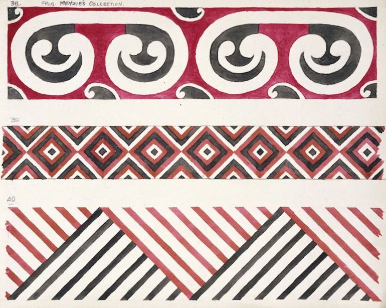 Image: Godber, Albert Percy, 1876-1949 :[Drawings of Maori rafter patterns]. 35. From Menzies Collection; 39 and 40. [1939-1947].