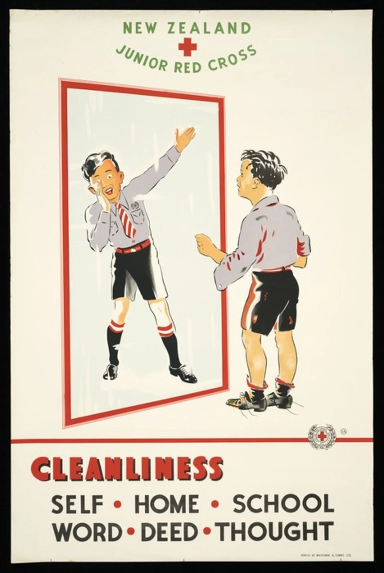 Image: New Zealand Junior Red Cross :Cleanliness. Self, home, school, word, deed, thought / I.K. Printed by Whitcombe & Tombs Ltd [ca 1950-1955]