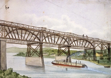 Image: Backhouse, John Philemon, 1845-1908 :[River steamer and bridge on the Waikato. 1880]