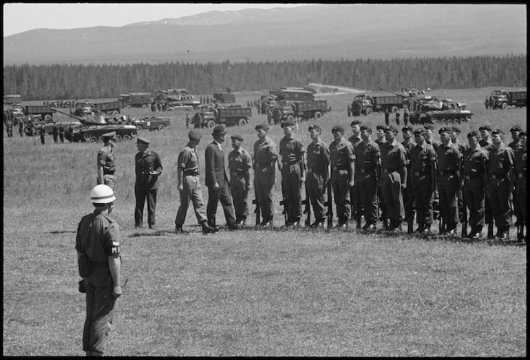 Image: David Thomson, Minister of Defence, reviews troops, Waiouru air field, New Zealand