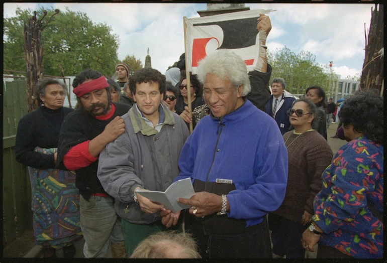 Image: Ken Mair and Niko Tangaroa with eviction notice at Moutoa Gardens, Wanganui, New Zealand