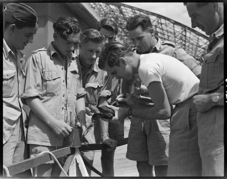 Image: LAC J W Sewell in Iwakuni, Japan, with a turtle given to him by children in Hiroshima