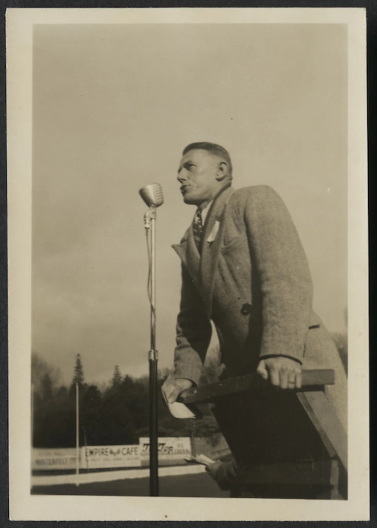 Image: Man speaking into a microphone, waterfront strike, Auckland