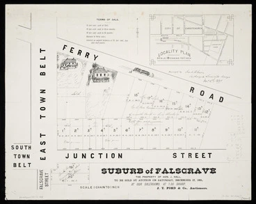 Image: Davie, Frank H, fl 1881 :Suburb of Falsgrave [map with ms annotations]. The property of Hon. J Hall, to be sold by auction on Saturday, December 17, 1881, at our salerooms, at 1.30 sharp. J.T. Ford & Co., Auctioneers. Surveyed by Frank H Davie, 1881